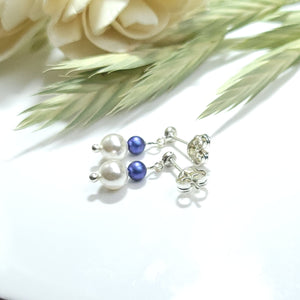 Sterling Silver 925 Fine  Crystal Pearls - Stud Earrings - Blue