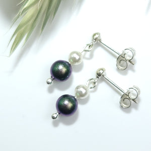 Sterling Silver 925 Fine Crystal Pearls - Stud Earrings - Green