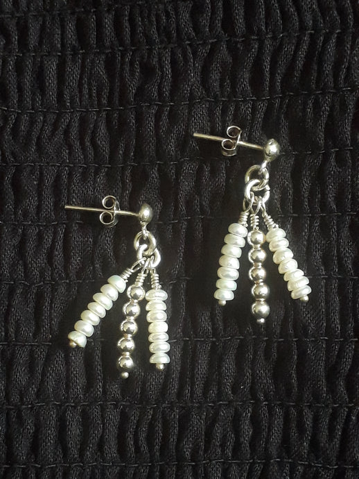Sterling Silver & Mini Fresh Water Pearl Dangle Stud Earrings